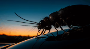 Close-up of a dark insect with long antennae and legs, silhouetted against a colorful sunset sky.