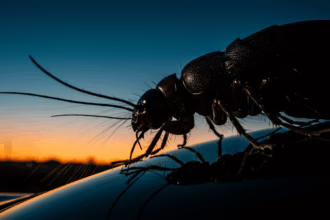 Close-up of a dark insect with long antennae and legs, silhouetted against a colorful sunset sky.