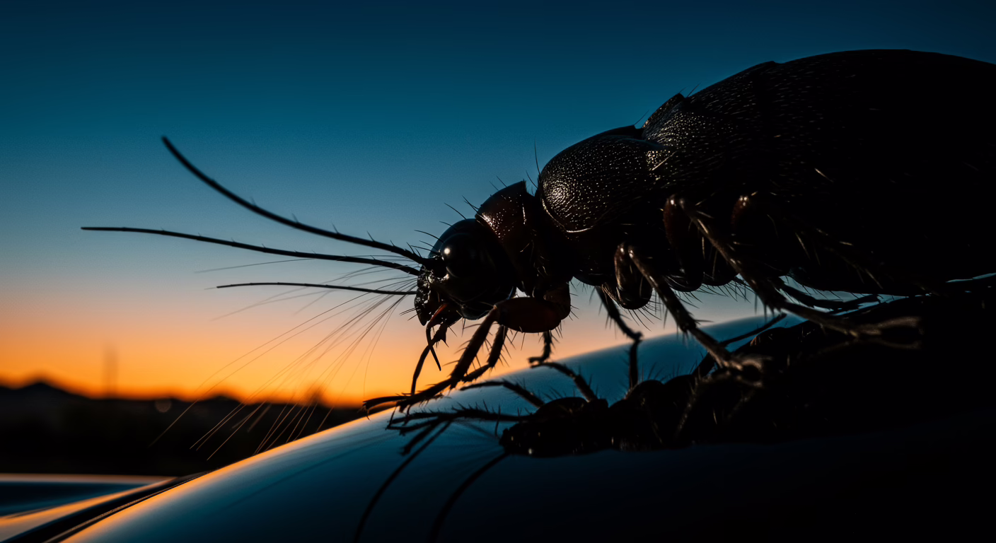 Close-up of a dark insect with long antennae and legs, silhouetted against a colorful sunset sky.