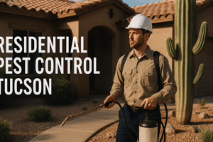 Man in a hard hat holding a pest control sprayer stands in front of a house with a cactus in a desert landscape.