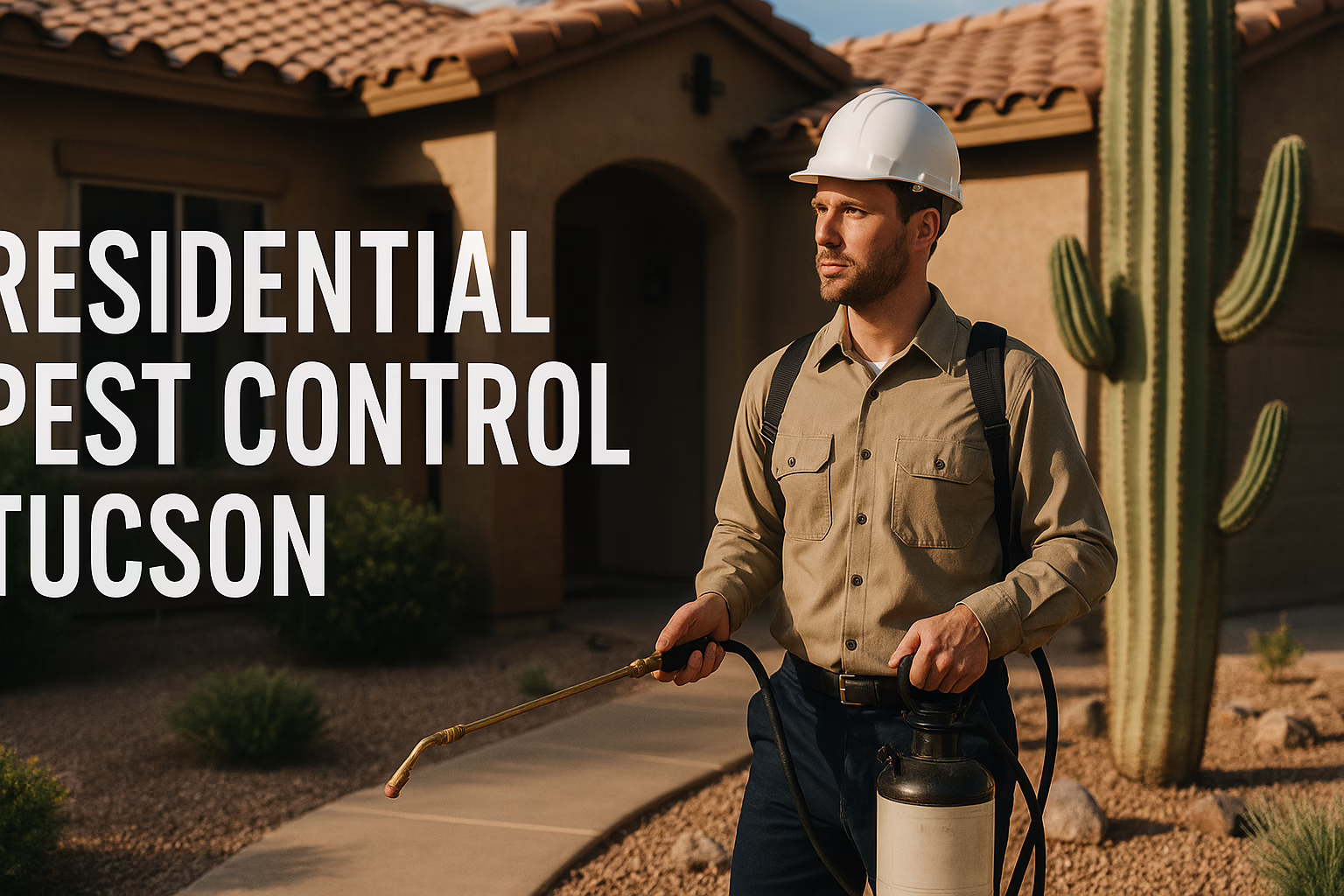 Man in a hard hat holding a pest control sprayer stands in front of a house with a cactus in a desert landscape.