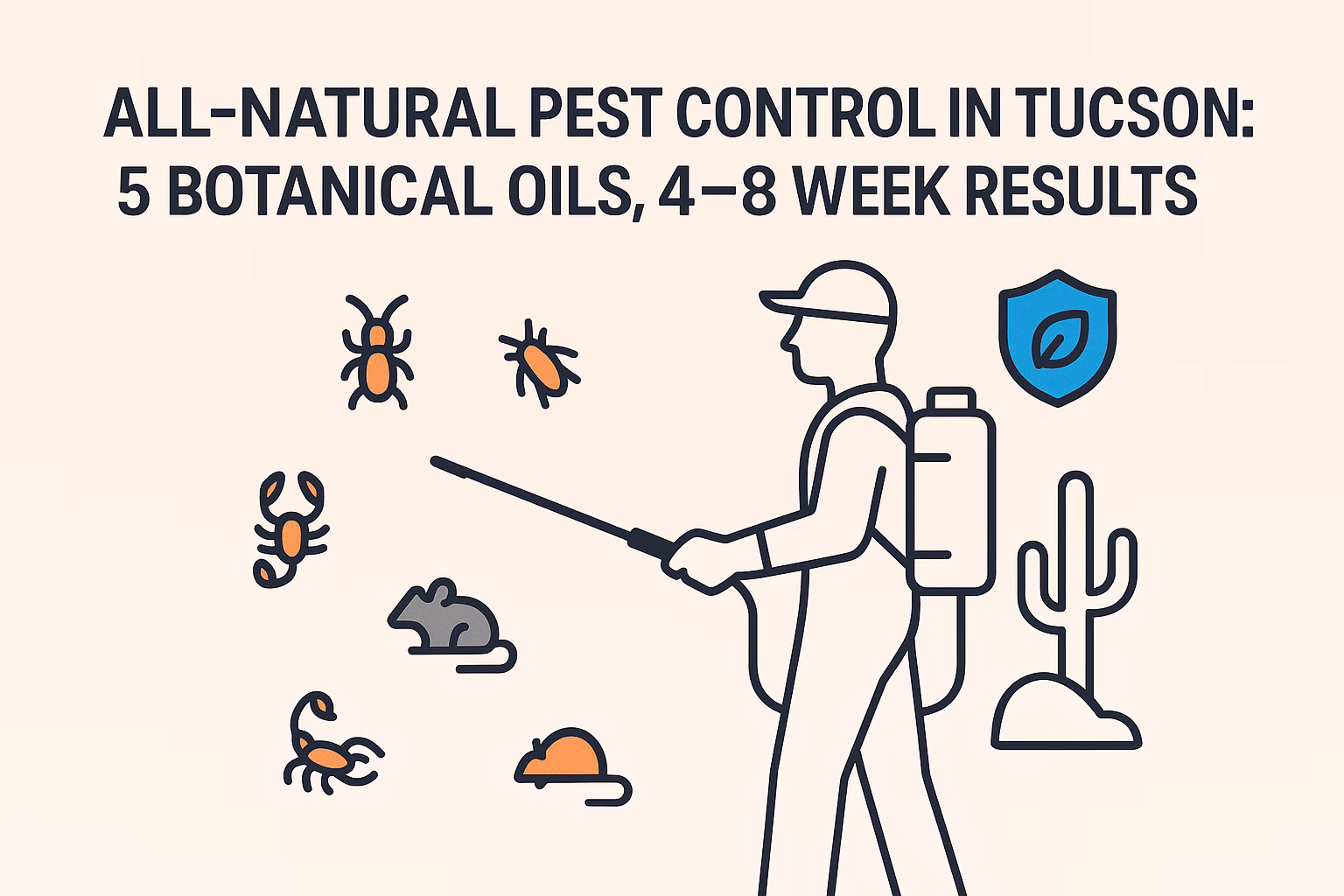 All-natural pest control concept, featuring a person spraying botanical oils amidst illustrated pests, cactus, and a shield.