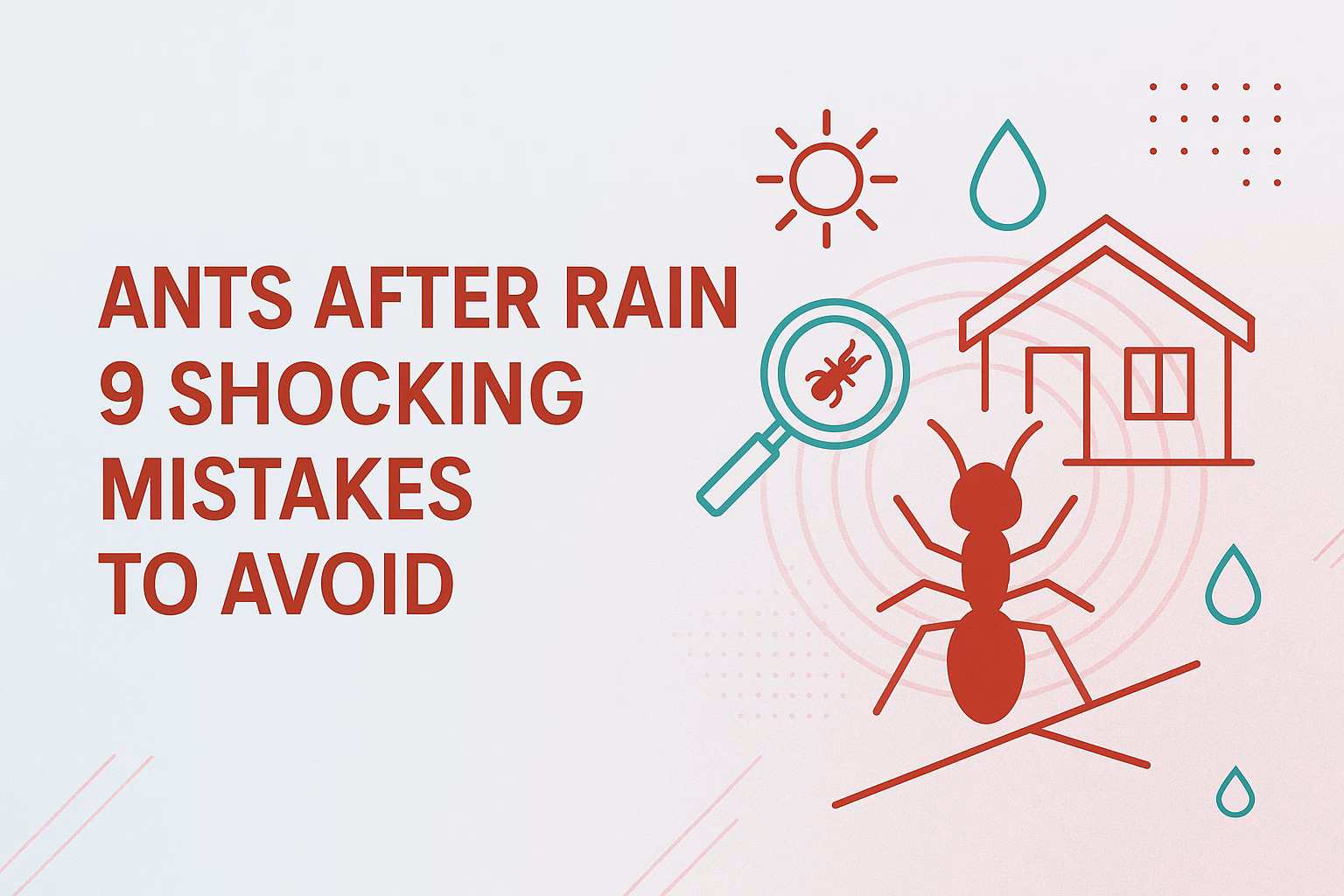 Ants after rain with a magnifying glass, house, sun, and raindrop graphics, highlighting nine mistakes to avoid.