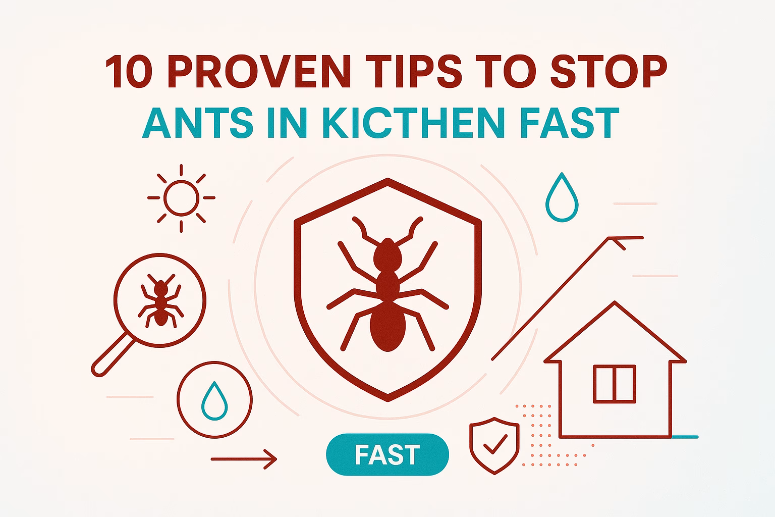 10 tips to quickly stop ants in kitchen, featuring icons of ants, water droplets, and a house within a shield.