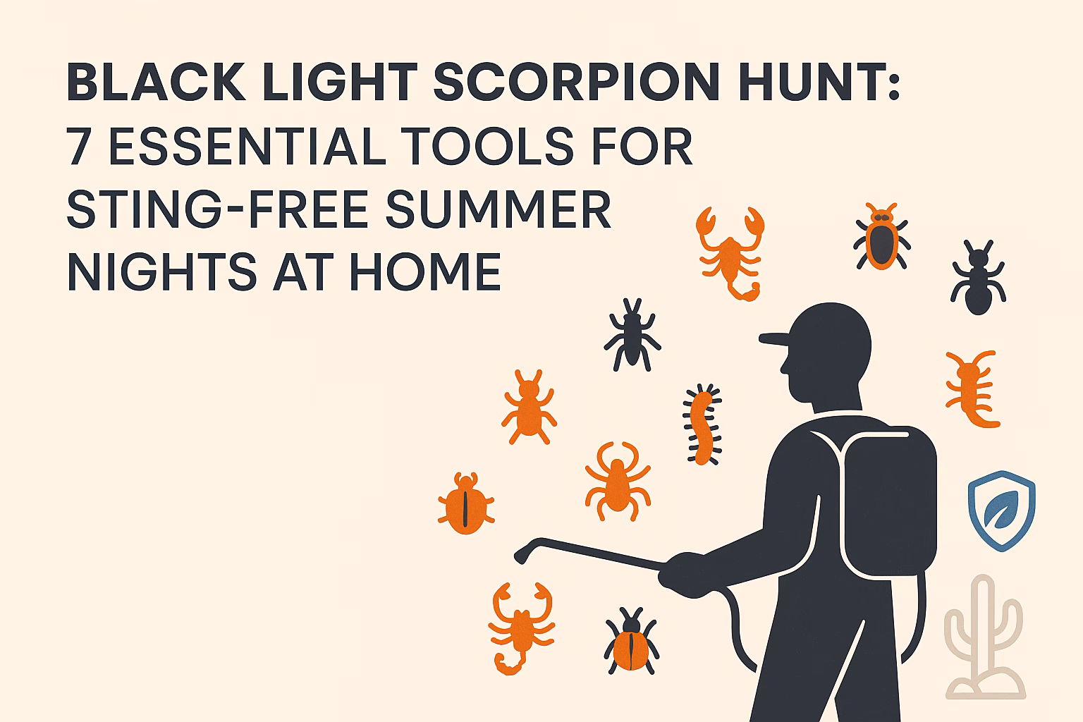 Black light scorpion hunt: silhouette of a person with a spray tool, surrounded by various insects and scorpions.