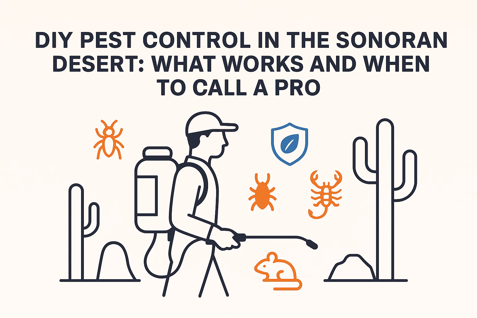 DIY pest control tips for the Sonoran Desert, featuring a person spraying, cacti, bugs, and a shield icon.