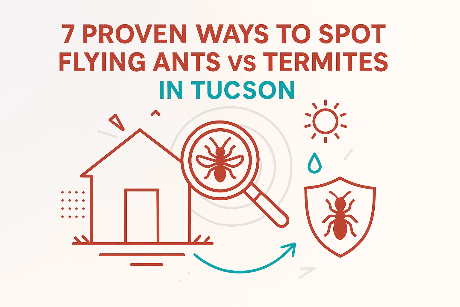 7 ways to spot flying ants vs termites, featuring a house, magnifying glass, and bug icons, with sun and raindrop graphics.