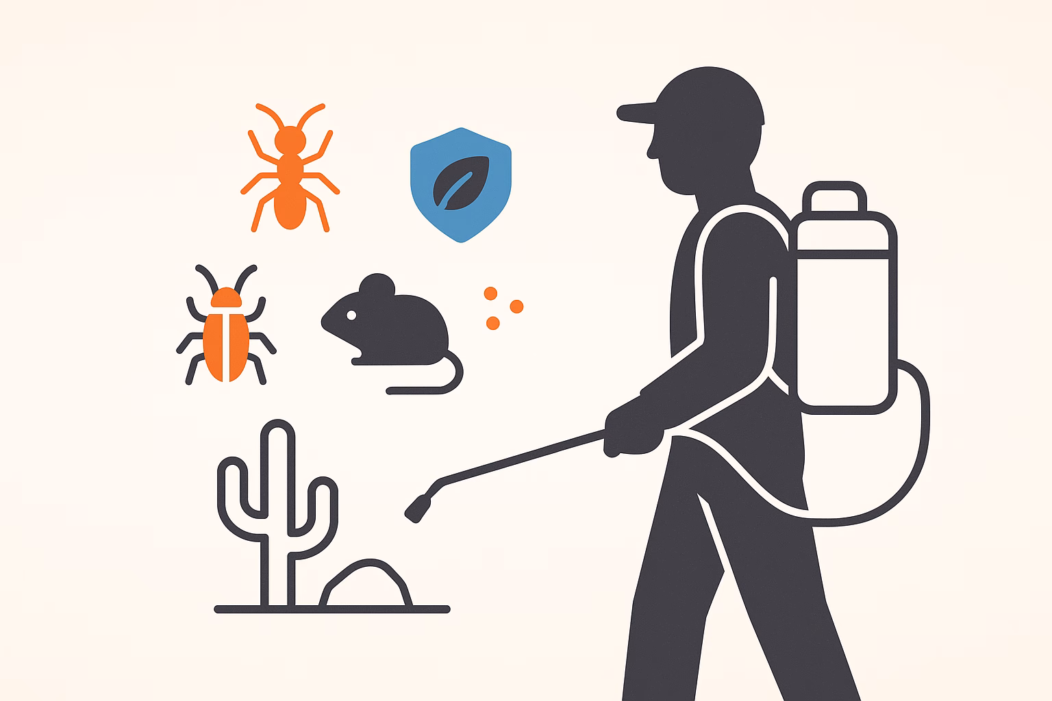 Pest control worker spraying while icons illustrate health risks from rodent droppings, insects, and desert vegetation. health risks rodent droppings
