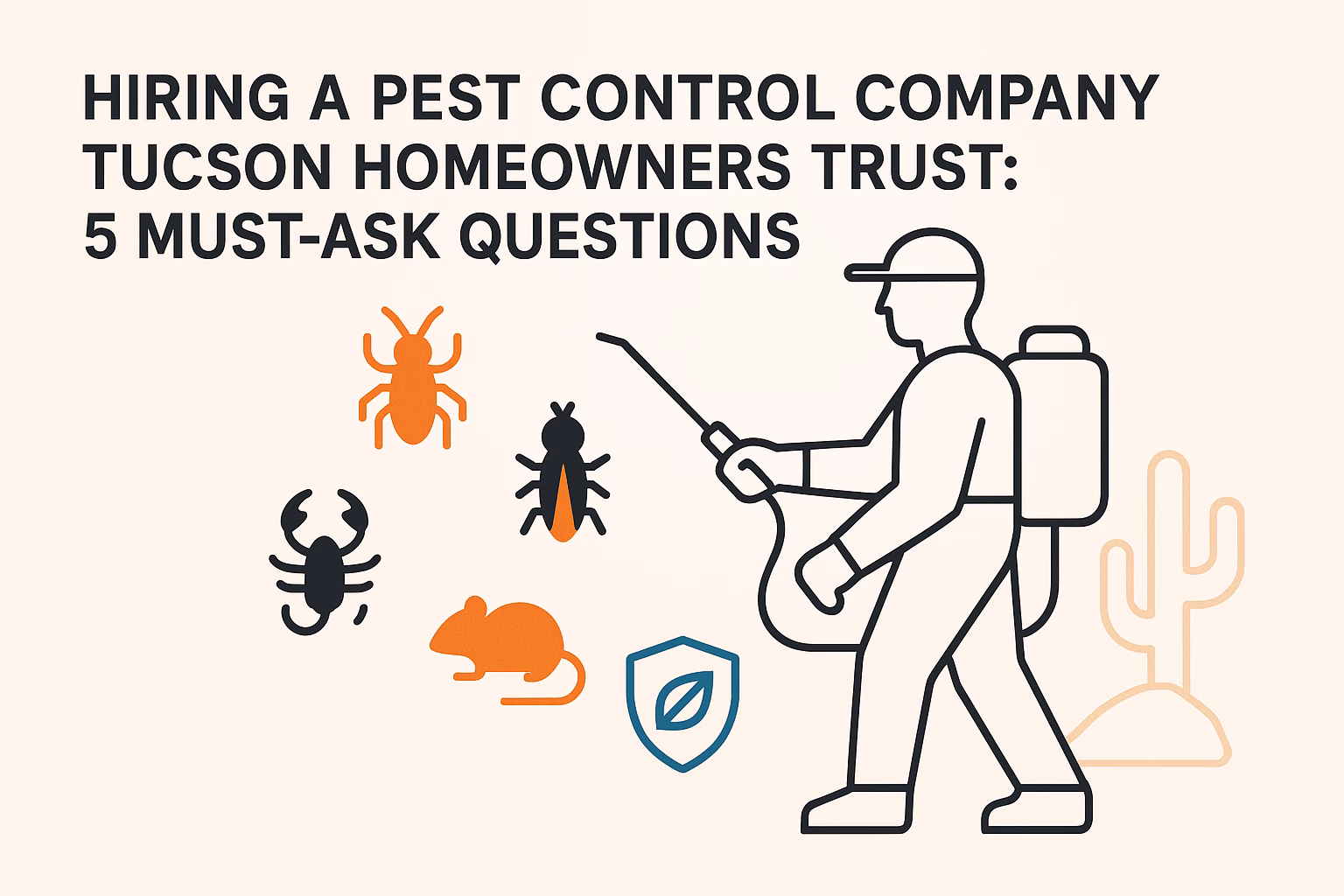 Pest control worker spraying pesticide among insect and rodent icons, with text about Tucson homeowners' must-ask questions.