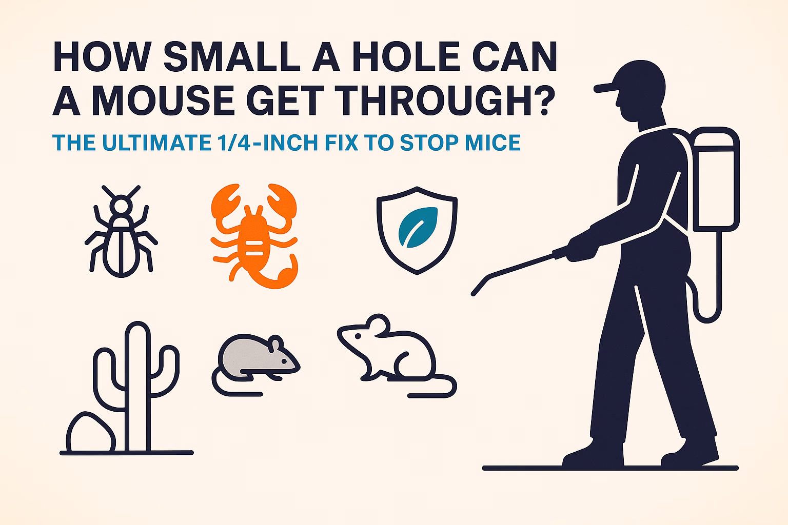 How small a hole can a mouse get through? Icons of insects and a pest control worker treating an environment.