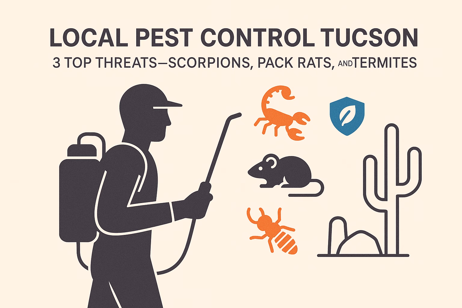 Person with spray equipment near illustrations of scorpions, pack rats, termites, a cactus, and a shield symbol. Local pest control Tucson