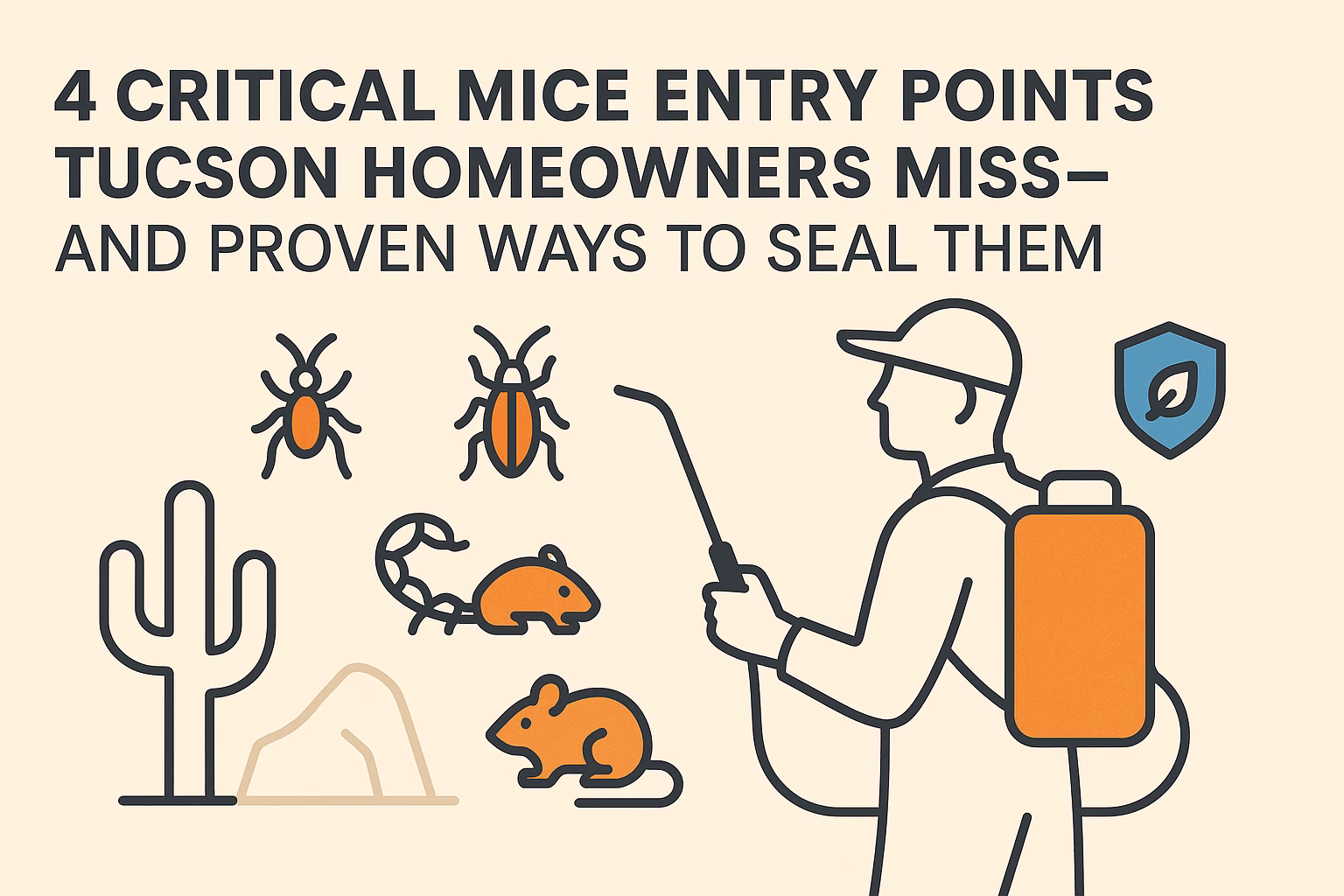4 critical mice entry points and sealing methods with icons of pests, a scorpion, a cactus, and a pest control expert.