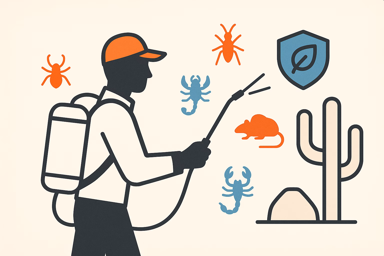 A pest control worker with a sprayer, surrounded by icons of insects, a mouse, a cactus, and a shield symbol. Pack rat tucson