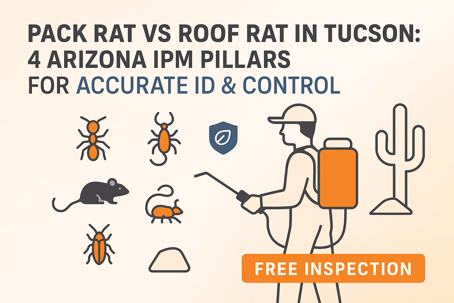 Illustration of pest control with a person spraying, surrounded by icons of pests, a cactus, and text promoting a free inspection. Pack Rat vs Roof Rat