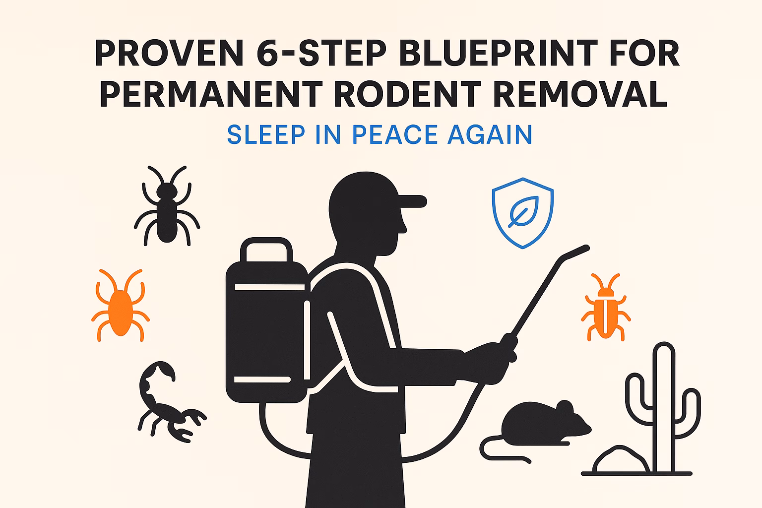 Proven 6-step blueprint for permanent rodent removal with pest icons, emphasizing a peaceful, pest-free environment.