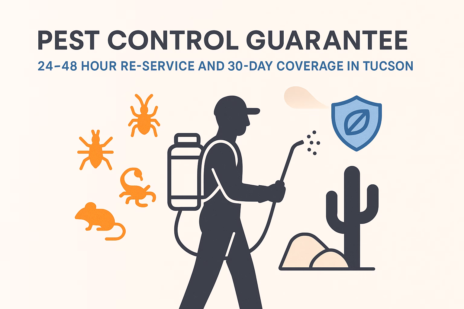 Pest control advertisement featuring a technician with a sprayer, pests, and a shield, highlighting service guarantees in Tucson. Pest Control Guarantee!
