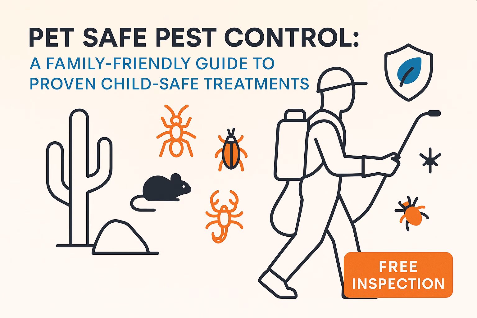 Pet safe pest control guide with a person spraying treatment, desert elements, and icons of pests. Free inspection offer.