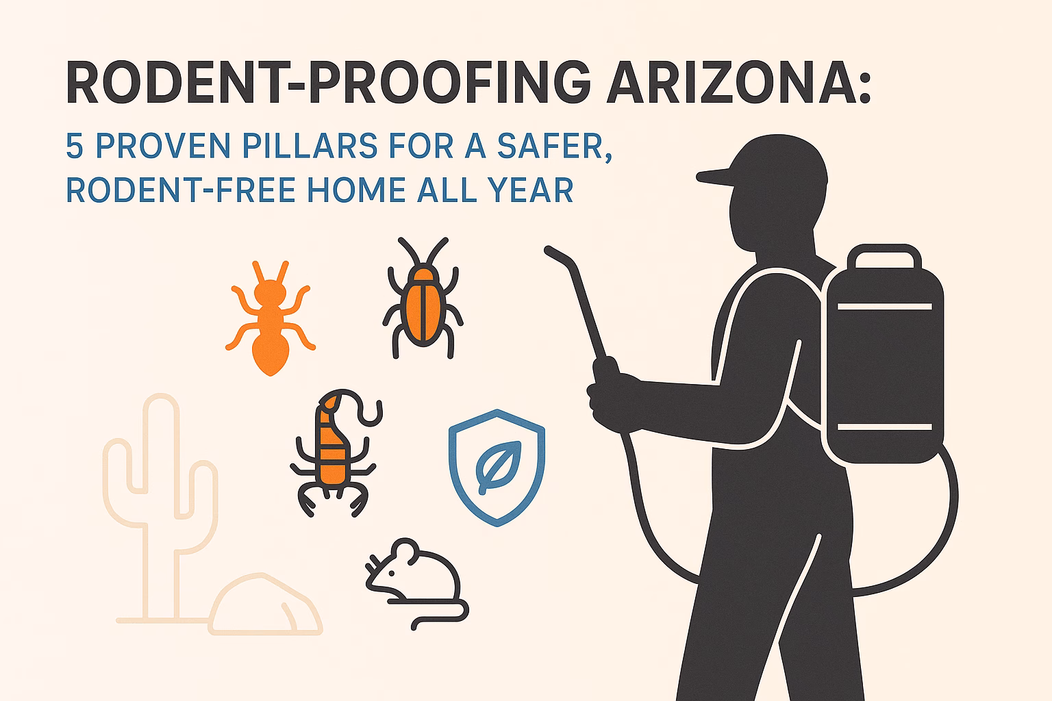 Rodent-proofing Arizona poster featuring a pest control worker, icons of pests, and tips for a rodent-free home.