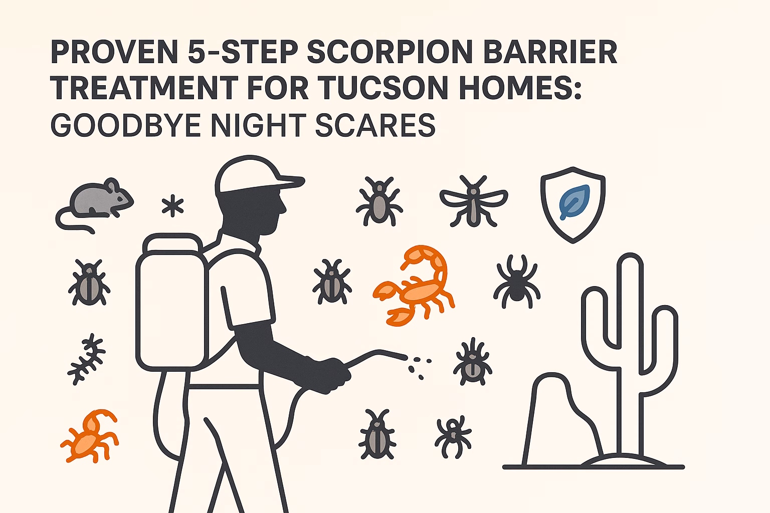 Proven 5-step scorpion barrier treatment for Tucson homes, featuring pest illustrations and a person applying the treatment.