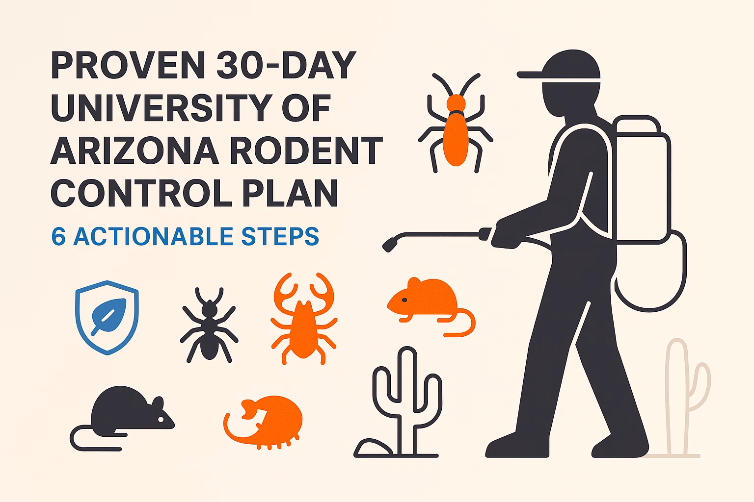Proven 30-day University of Arizona rodent control plan with 6 actionable steps and illustrated pest icons.