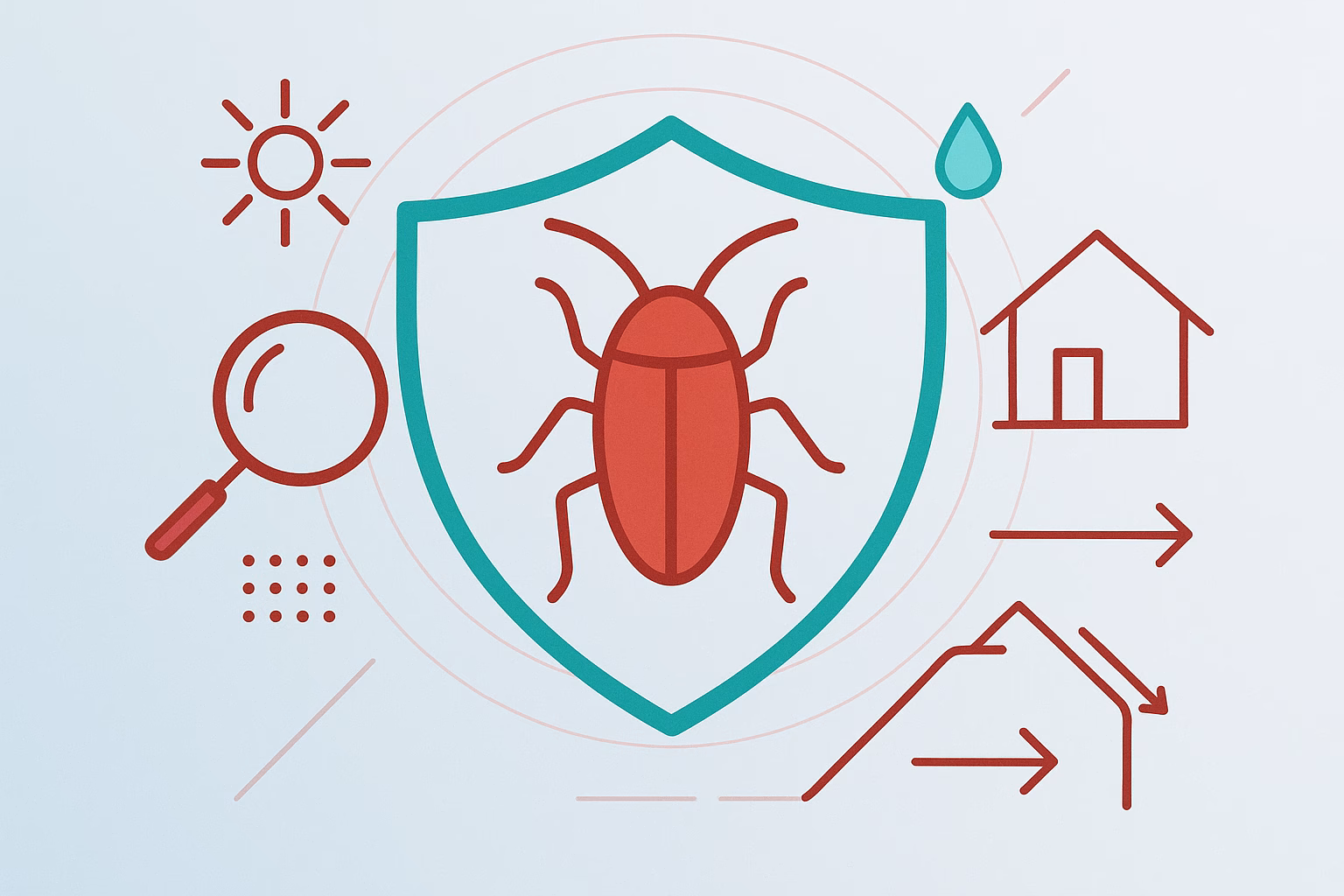 Illustration comparing american vs german cockroach with a shield, magnifying glass, and symbols for house and water.