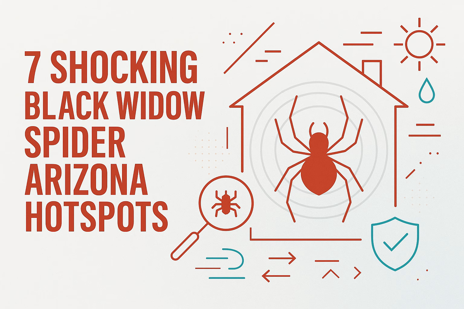 7 shocking black widow spider Arizona hotspots with illustrations of a house, spider, magnifying glass, and icons.