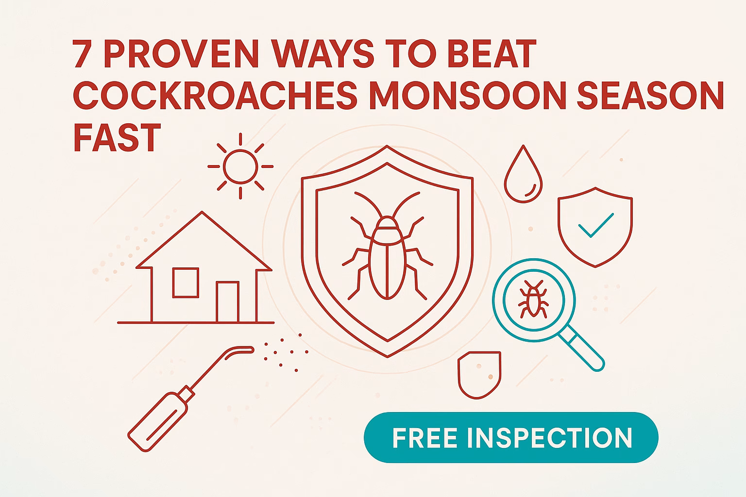 7 ways to beat cockroaches monsoon season, featuring a shield, home, magnifying glass, and a free inspection button.