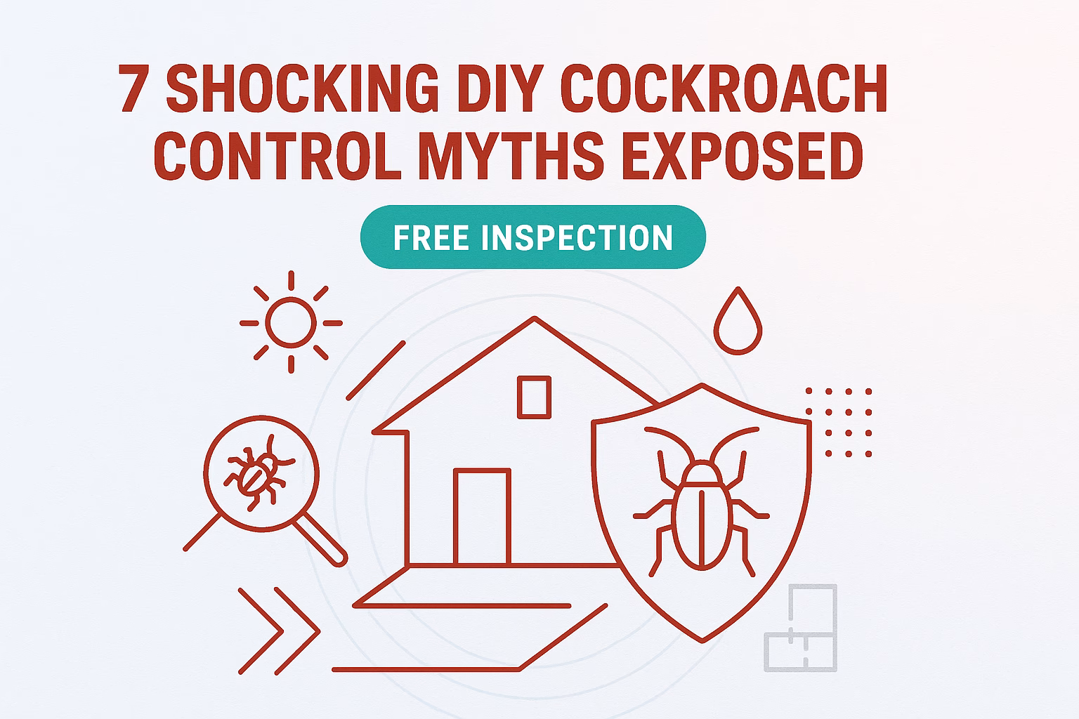 7 shocking DIY cockroach control myths exposed; offers free inspection with images of a house, magnifying glass, and shield.
