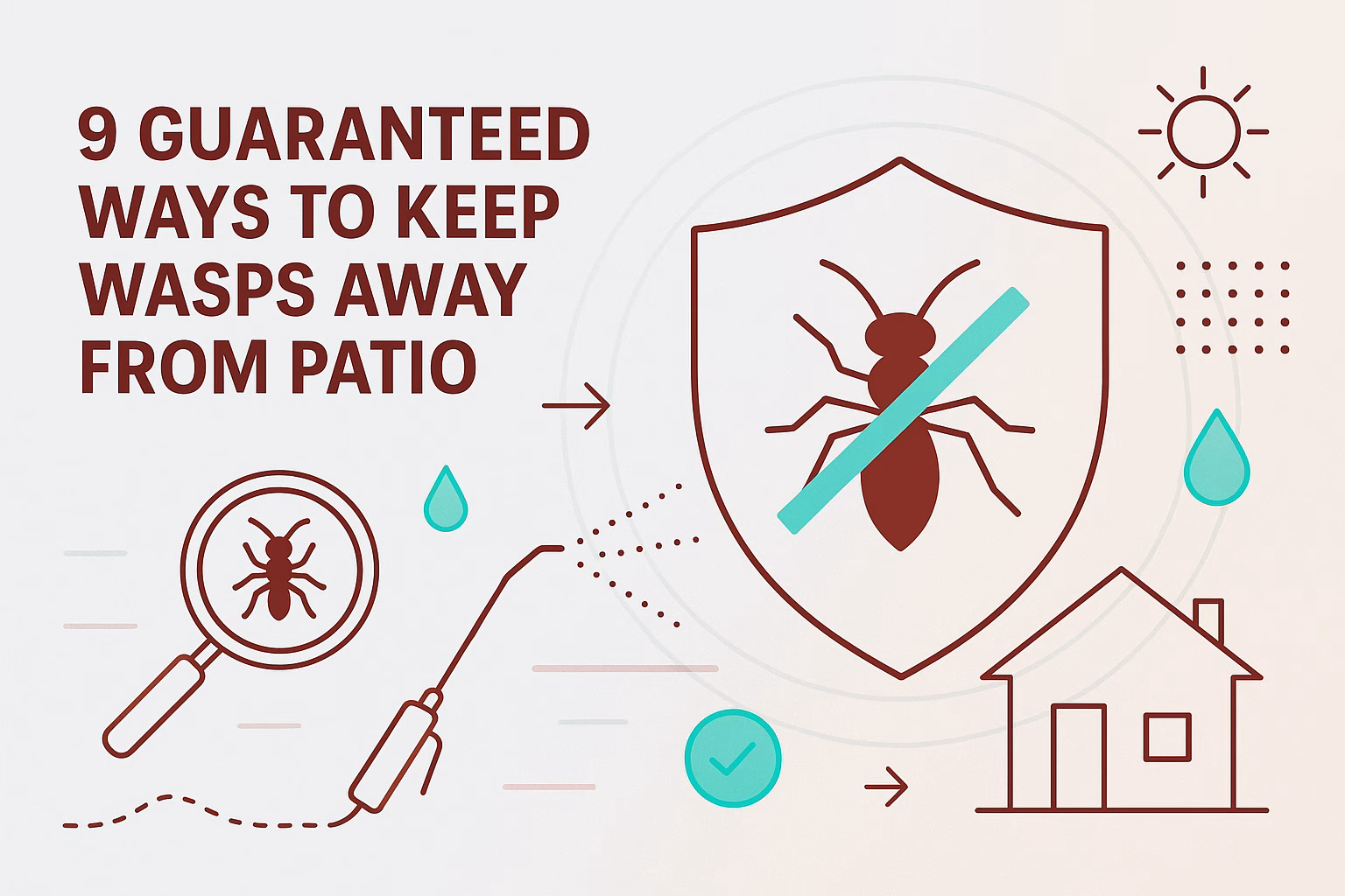 9 ways to keep wasps away from patio, featuring icons of a magnifying glass, spray, shield, water droplet, and house.