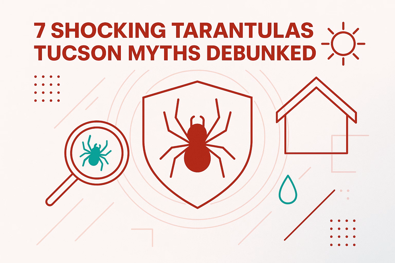7 shocking tarantulas Tucson myths debunked with icons of a spider, magnifying glass, house, and sun.