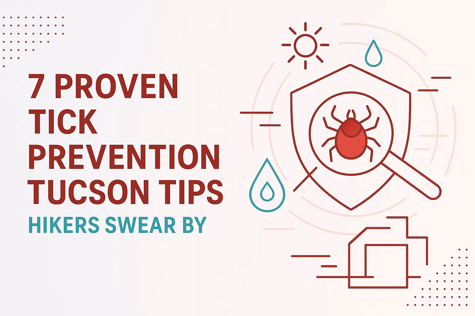 7 proven tick prevention Tucson tips with a shield, tick illustration, and elements representing the outdoors.