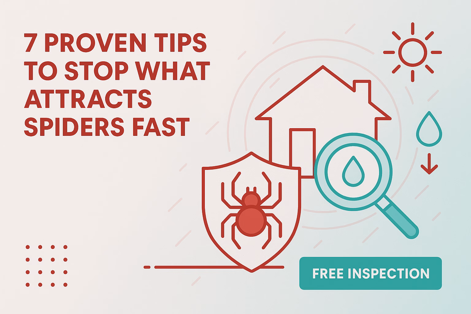7 tips to stop what attracts spiders fast, featuring a shield with a spider, a house, and a magnifying glass. Free inspection.