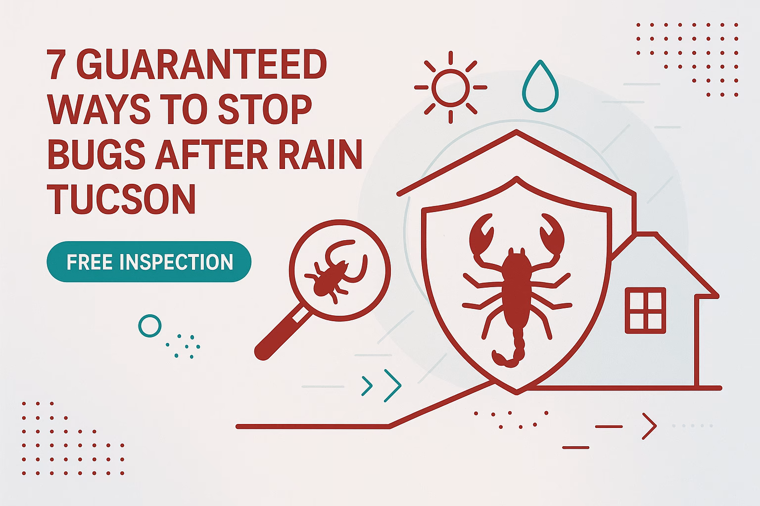 7 ways to stop bugs after rain Tucson with a magnifying glass, shield, house, and sun icons. Free inspection highlighted.