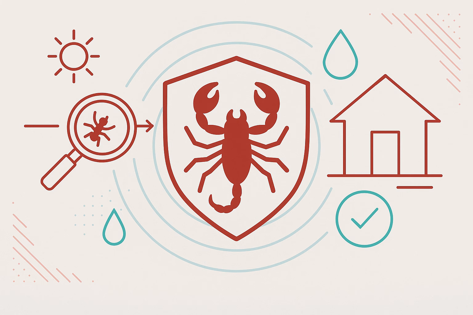 Graphic illustrating fall pests Arizona, featuring a scorpion, a magnifying glass, and a protective shield around a house.