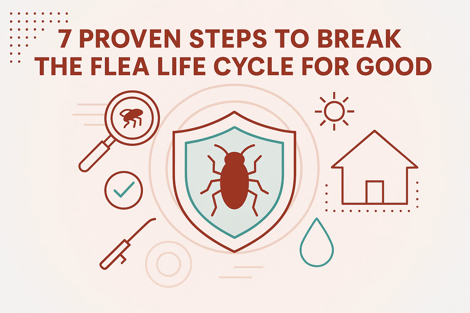 7 steps to break the flea life cycle, featuring a magnifying glass, shield, sun, house, and water droplets.