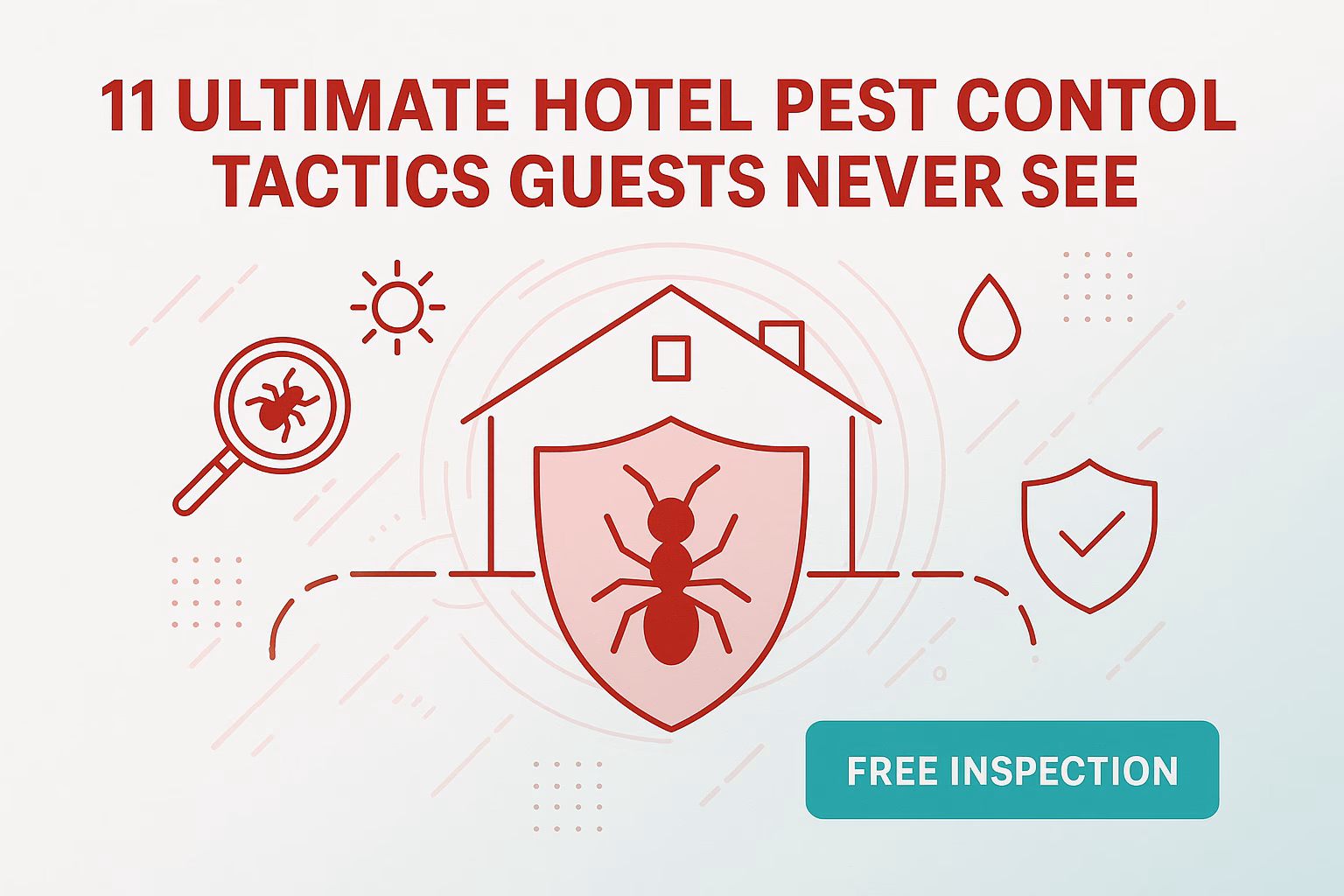 11 ultimate hotel pest control tactics with a graphic of a shielded house, ant, and "Free Inspection" button.