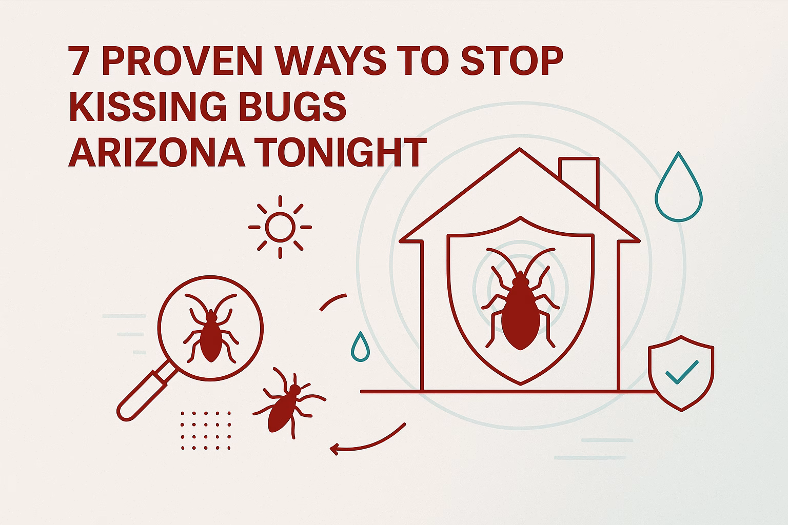 7 proven ways to stop kissing bugs Arizona tonight, featuring a house icon and imagery of bugs and a magnifying glass.
