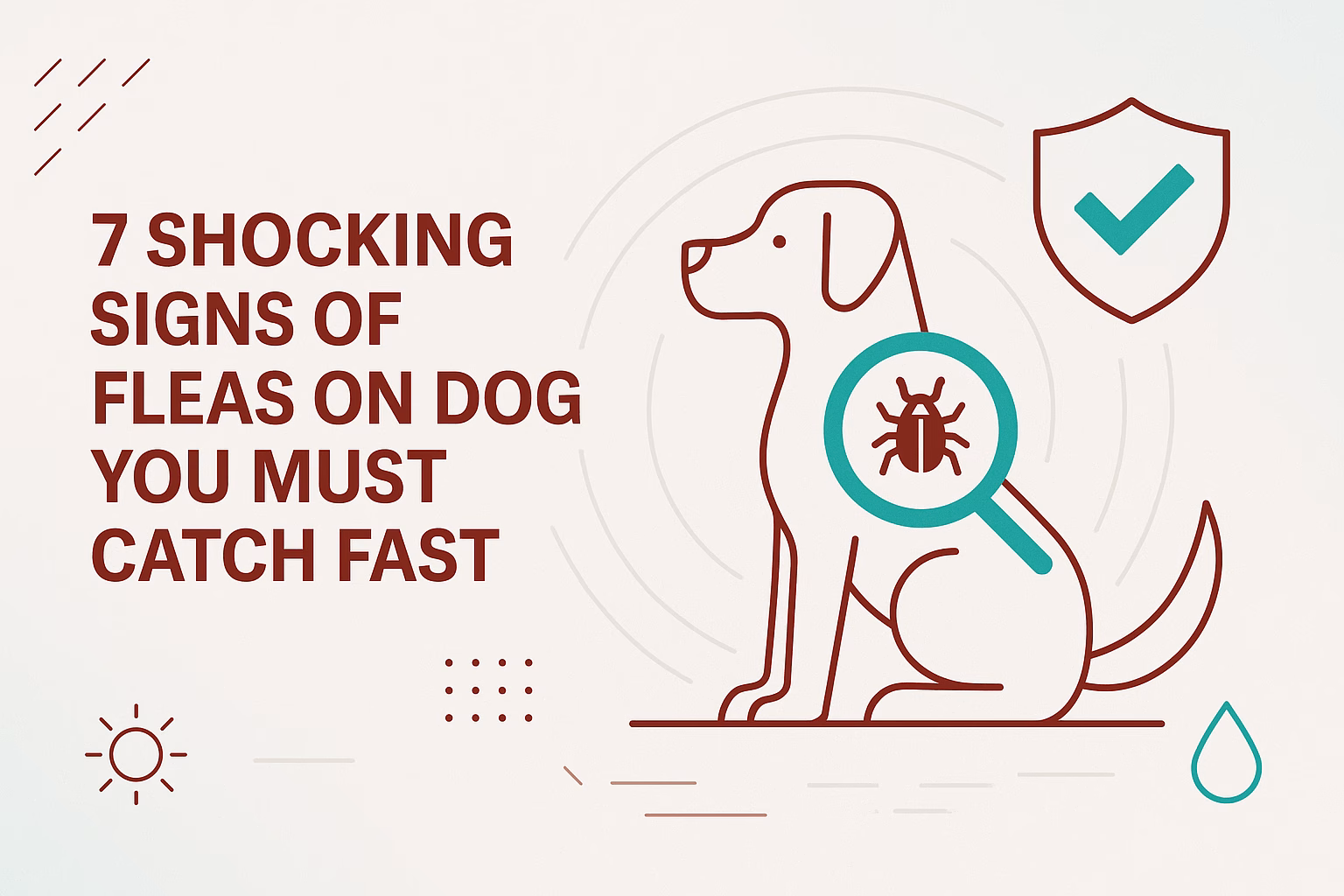 7 shocking signs of fleas on dog, with a graphic of a dog and a magnifying glass highlighting a flea.