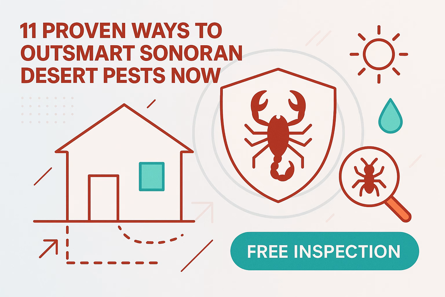 11 ways to outsmart sonoran desert pests with icons of a house, scorpion, sun, water droplet, and a magnifying glass. Free inspection.