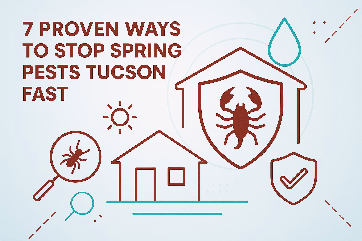 7 proven methods to stop spring pests in Tucson, featuring icons of a house, scorpion, and magnifying glass. Spring Pests Tucson