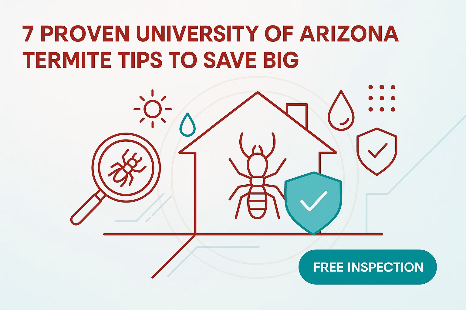 7 proven University of Arizona termite tips with a magnifying glass, house, and a free inspection button.