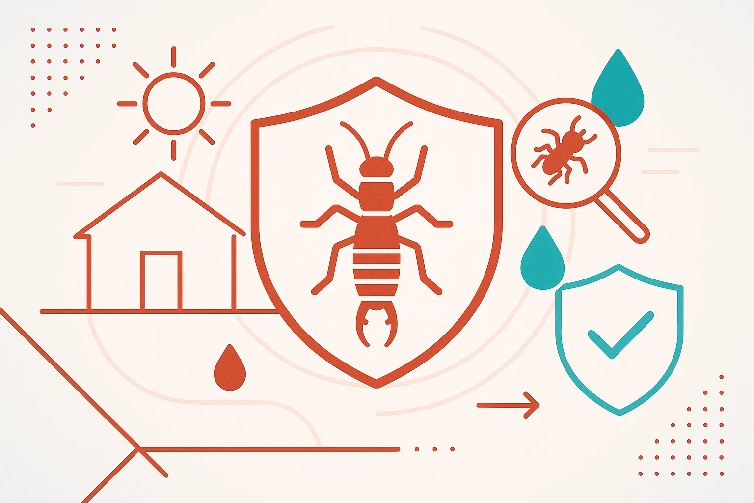 Earwigs Tucson emphasized in a diagram featuring a shield, house, sun, magnifying glass, and water drops.