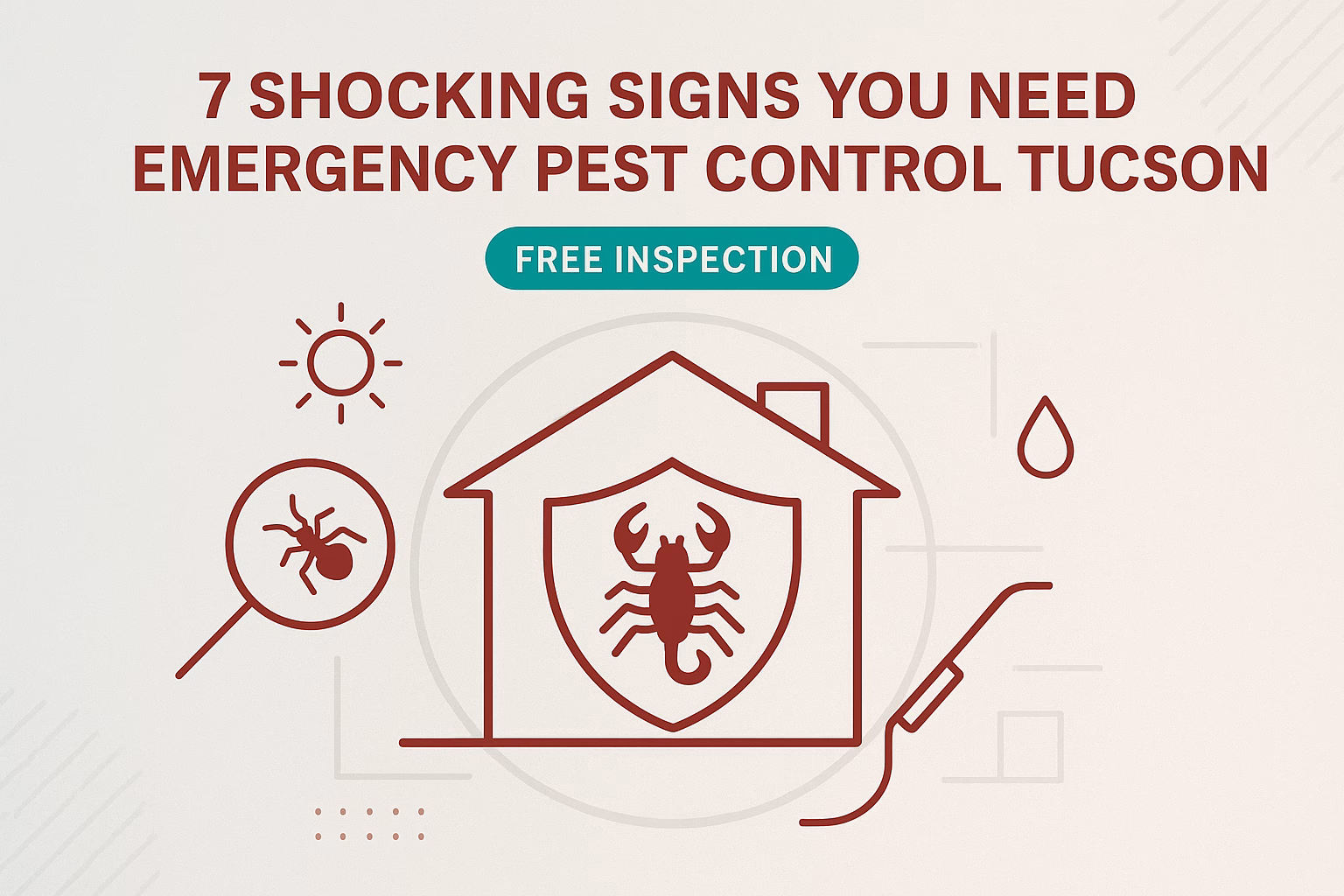 7 signs indicating you need emergency pest control Tucson; features a house, scorpion, and text about free inspections.