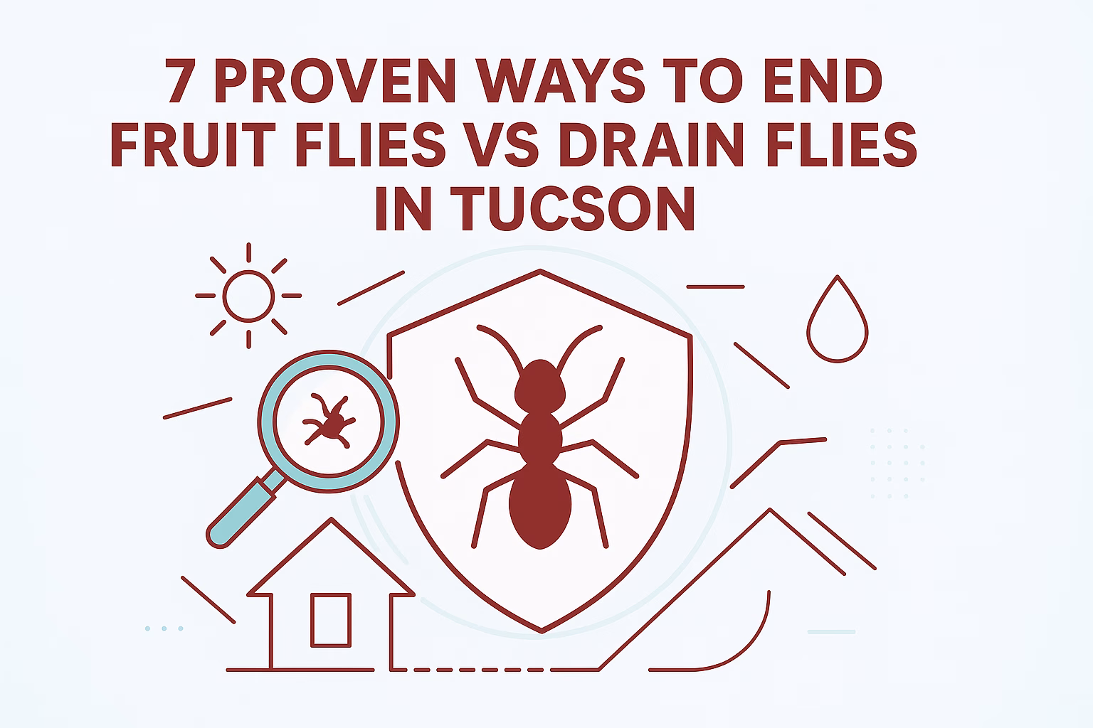 7 proven ways to end fruit flies vs drain flies, featuring a magnifying glass, house, and shield icon.