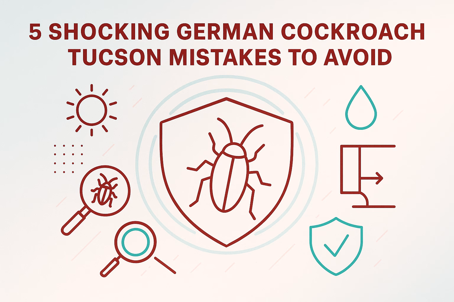 5 shocking German cockroach Tucson mistakes to avoid, illustrated with icons and a cockroach graphic.
