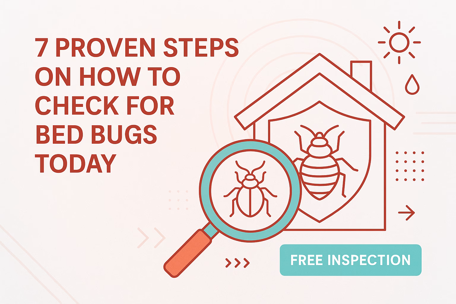 7 proven steps on how to check for bed bugs today with a magnifying glass and house illustration. Free inspection offer.