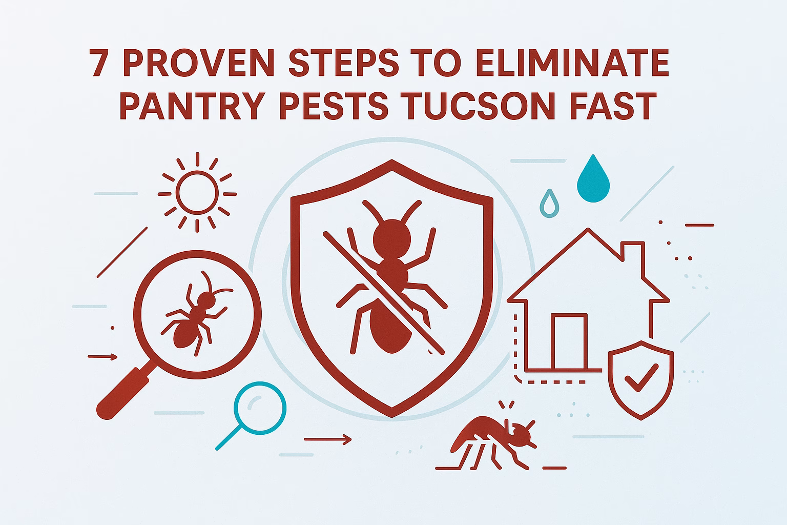 7 proven steps to eliminate pantry pests Tucson, featuring icons of insects, a shield, and a house.
