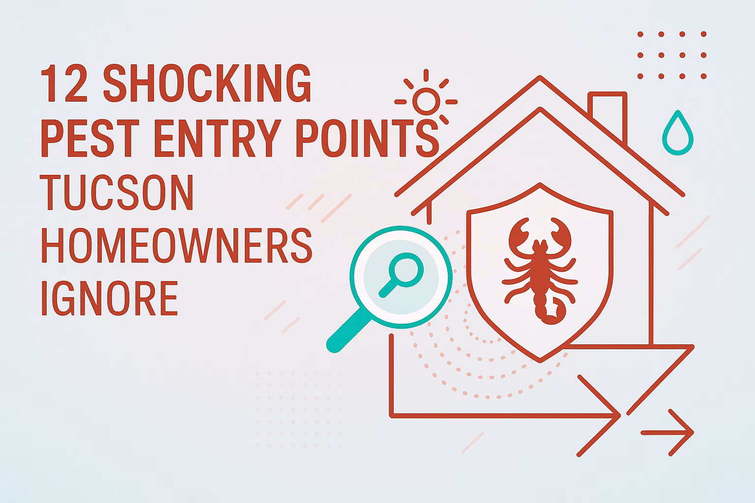 12 shocking pest entry points Tucson homeowners ignore, illustrated with a house, scorpion, and magnifying glass.