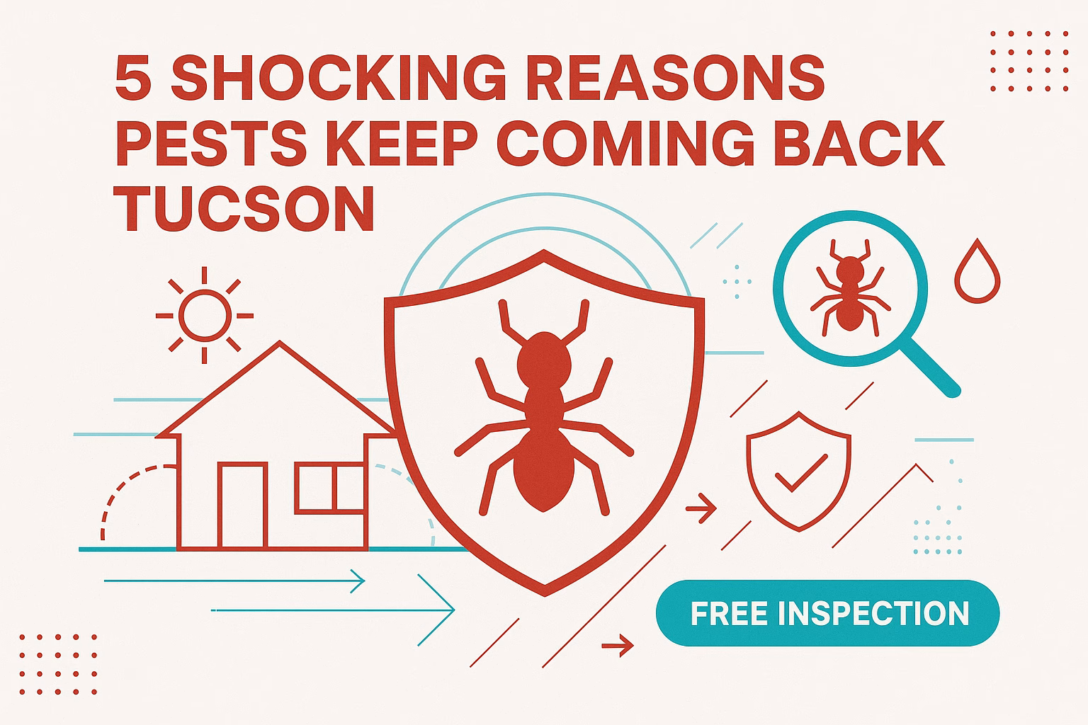 5 reasons pests keep coming back Tucson, featuring a house, ant shield, and text promoting a free inspection.