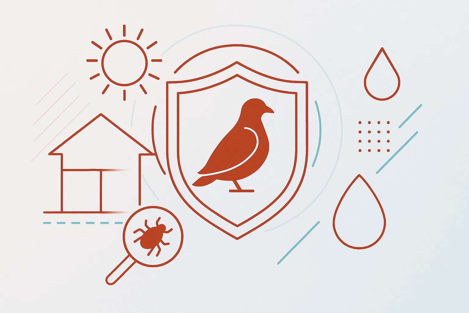 Graphic illustrating pigeon control Tucson, featuring a pigeon within a shield, house, sun, and pest magnifying glass.